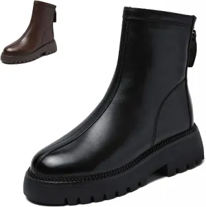 Women's Genuine Leather Lug Platform Low Chunky Heel Short Booties Retro Round Toe Stitching Details Back Zipper Block Heel Ankle Boots for Walking Party