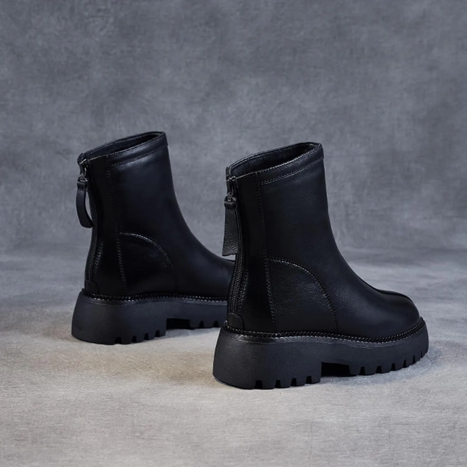 Women's Genuine Leather Lug Platform Low Chunky Heel Short Booties Retro Round Toe Stitching Details Back Zipper Block Heel Ankle Boots for Walking Party