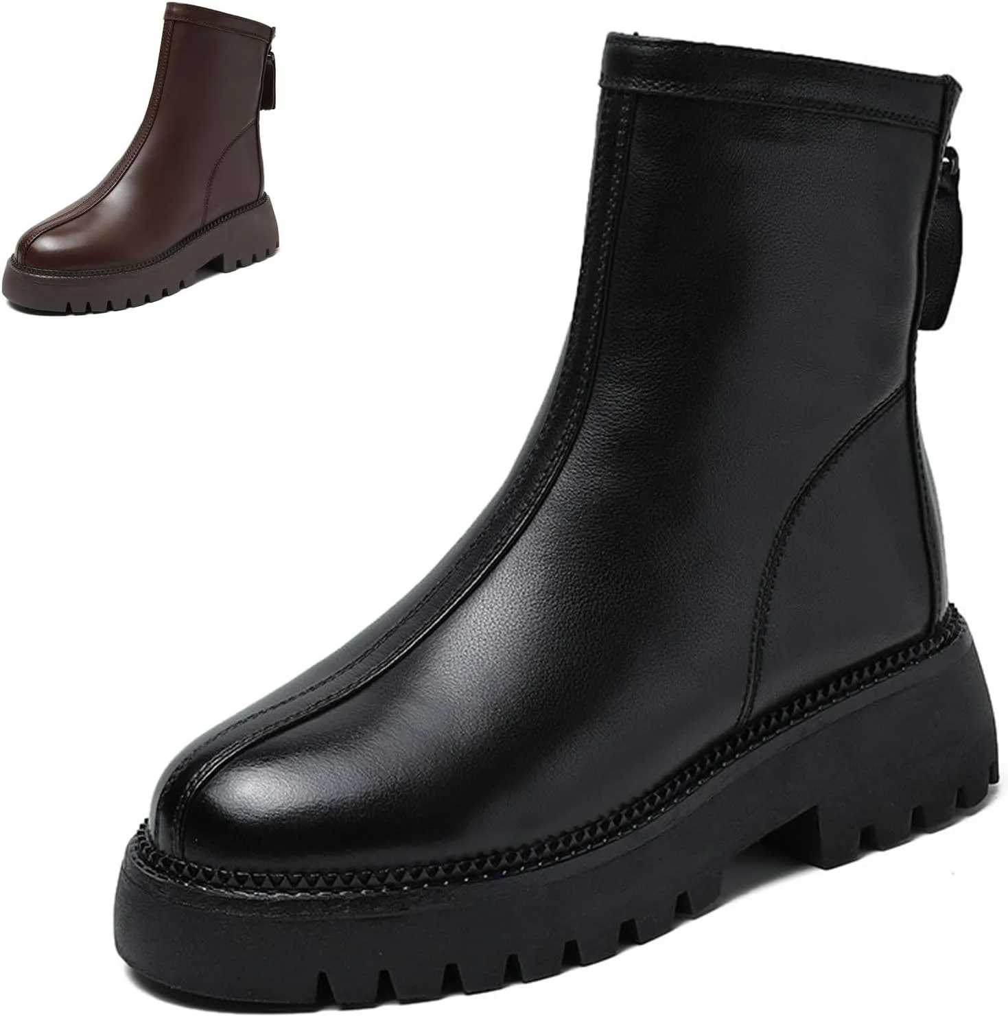 Women's Genuine Leather Lug Platform Low Chunky Heel Short Booties Retro Round Toe Stitching Details Back Zipper Block Heel Ankle Boots for Walking Party