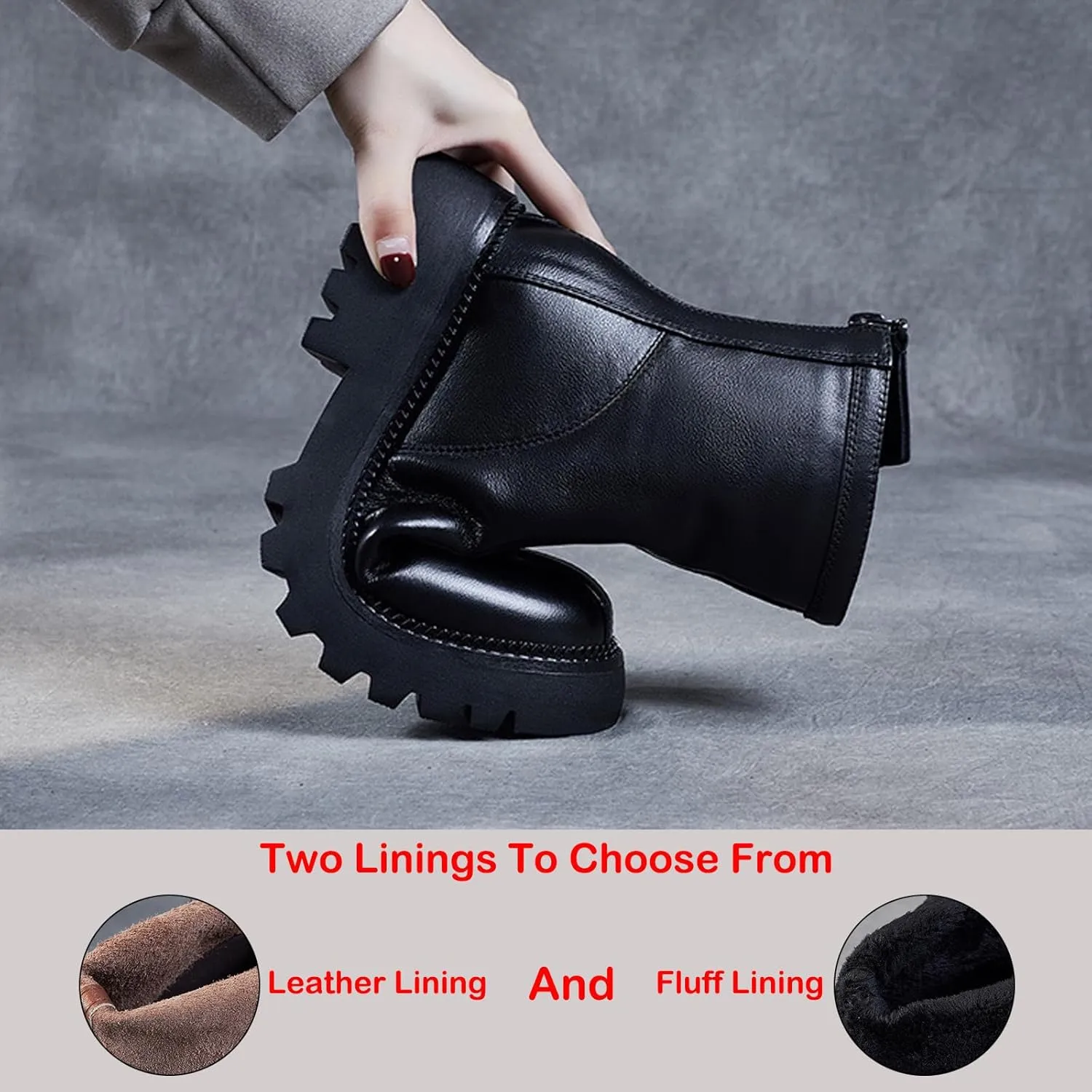 Women's Genuine Leather Lug Platform Low Chunky Heel Short Booties Retro Round Toe Stitching Details Back Zipper Block Heel Ankle Boots for Walking Party
