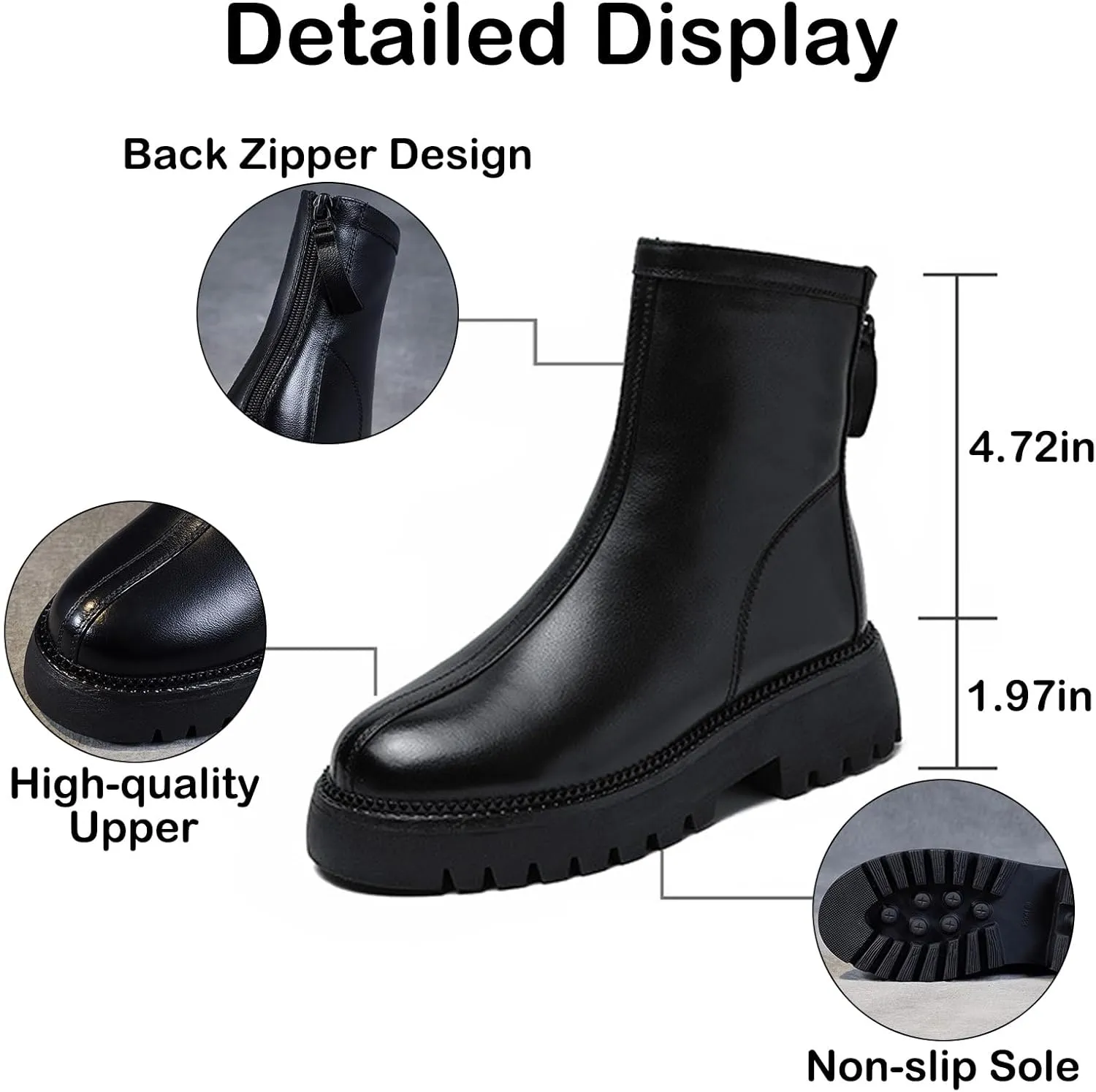Women's Genuine Leather Lug Platform Low Chunky Heel Short Booties Retro Round Toe Stitching Details Back Zipper Block Heel Ankle Boots for Walking Party