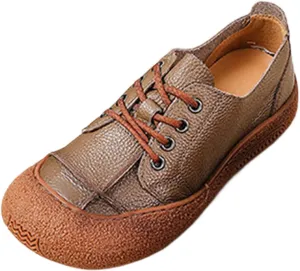Women's Genuine Leather Soft Sole Sneakers Vintage Round Wide Toe Comfortable Non-Slip Walking Driving Lace-up Loafers Lightweight Fashion Wide Head Sports Shoes