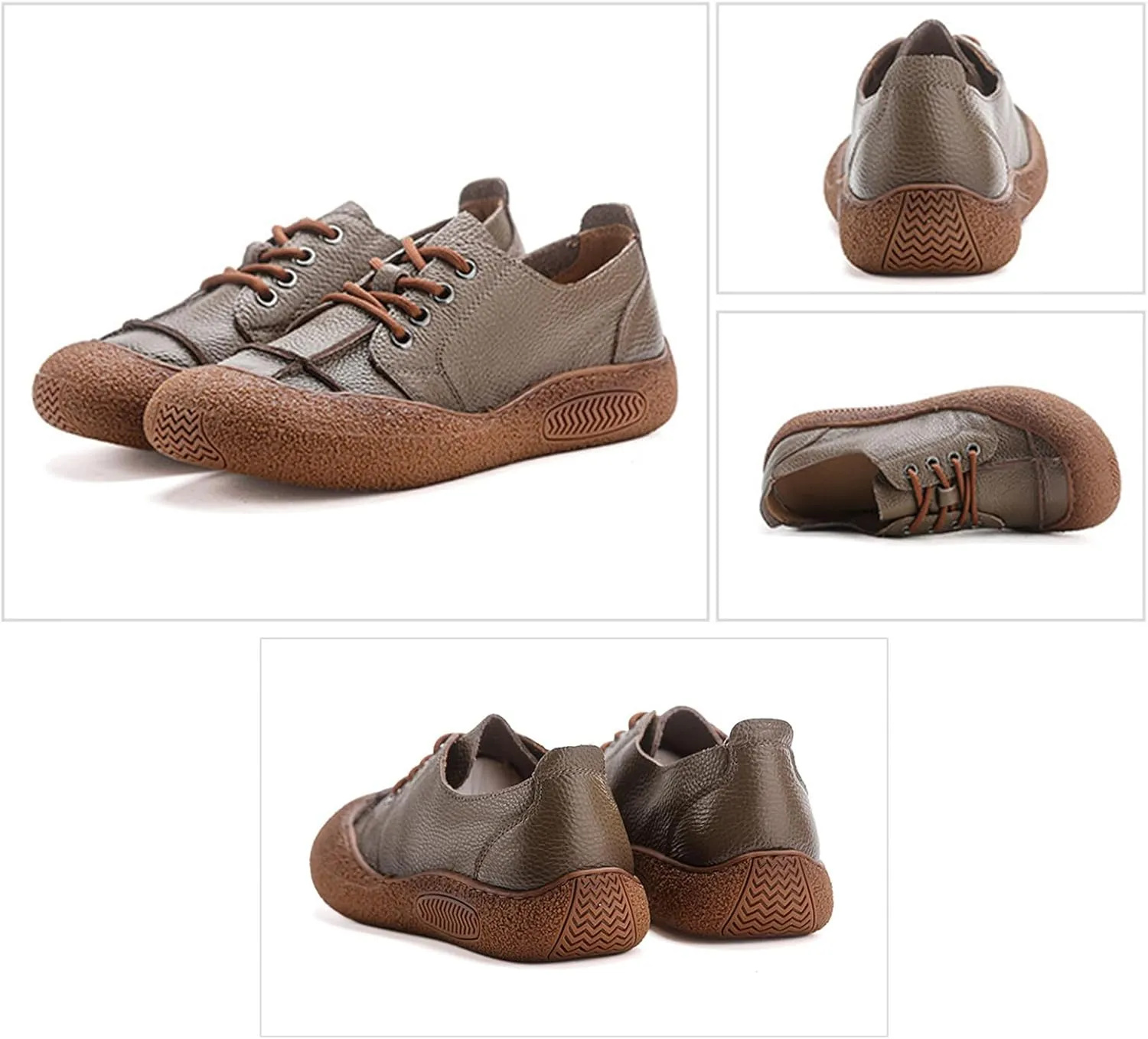 Women's Genuine Leather Soft Sole Sneakers Vintage Round Wide Toe Comfortable Non-Slip Walking Driving Lace-up Loafers Lightweight Fashion Wide Head Sports Shoes