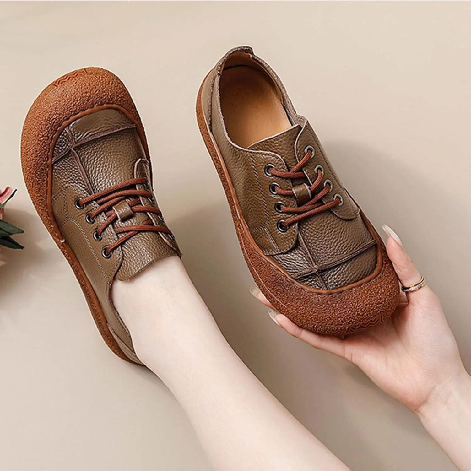 Women's Genuine Leather Soft Sole Sneakers Vintage Round Wide Toe Comfortable Non-Slip Walking Driving Lace-up Loafers Lightweight Fashion Wide Head Sports Shoes