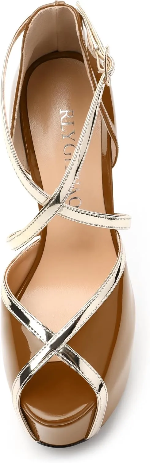 Womens Heeled Sandals, Round Open Toe Stiletto Heel Platform Sandals for Women, Buckle Fashion Adjustable Ankle Strap Party Dress Wedding High Heel Sandals