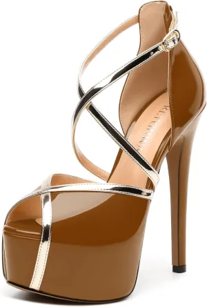 Womens Heeled Sandals, Round Open Toe Stiletto Heel Platform Sandals for Women, Buckle Fashion Adjustable Ankle Strap Party Dress Wedding High Heel Sandals