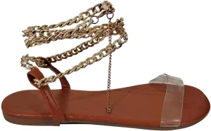 Womens Hot New Linked Chain Ankle Strap Flat Sandals Summer Open Toe Clear Sandales Lightweight Summer Walking Flats
