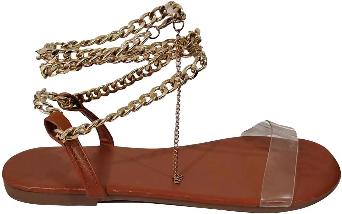 Womens Hot New Linked Chain Ankle Strap Flat Sandals Summer Open Toe Clear Sandales Lightweight Summer Walking Flats