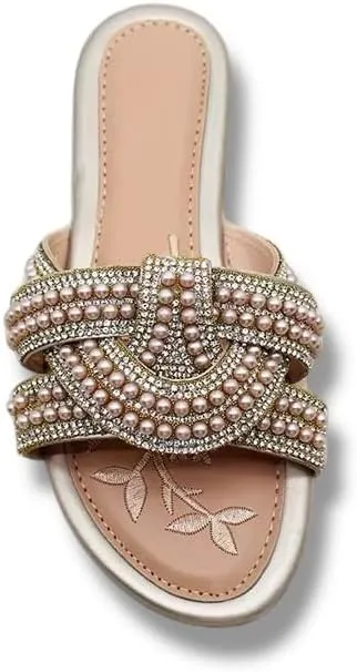 Women's Pearl Embellished Slide Sandals, Flat Comfort Slippers, 3 Colors - Black, White, Beige
