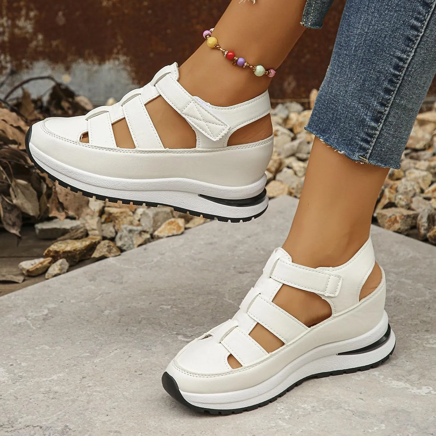 Women's Platform Sandals Hollow-Out Closed Toe Ankle Strap Wedge Sandal Height-Boosting Thick Sole Summer Casual Comfortable Walking Shoes