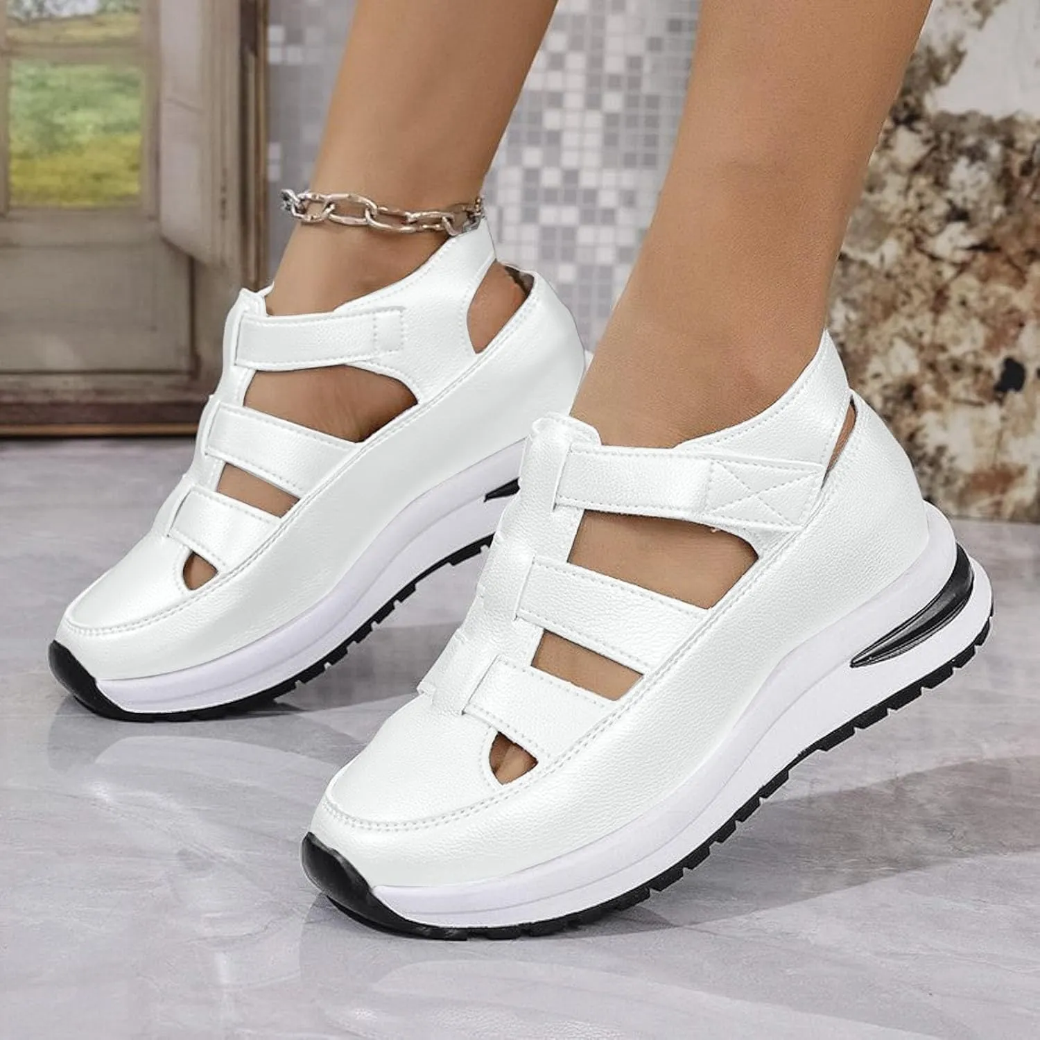 Women's Platform Sandals Hollow-Out Closed Toe Ankle Strap Wedge Sandal Height-Boosting Thick Sole Summer Casual Comfortable Walking Shoes