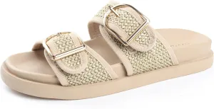 Women's Raffia Platform Sandals Chunky Woven Slides with Adjustable Double Buckle, Comfortable Flatform summer shoes