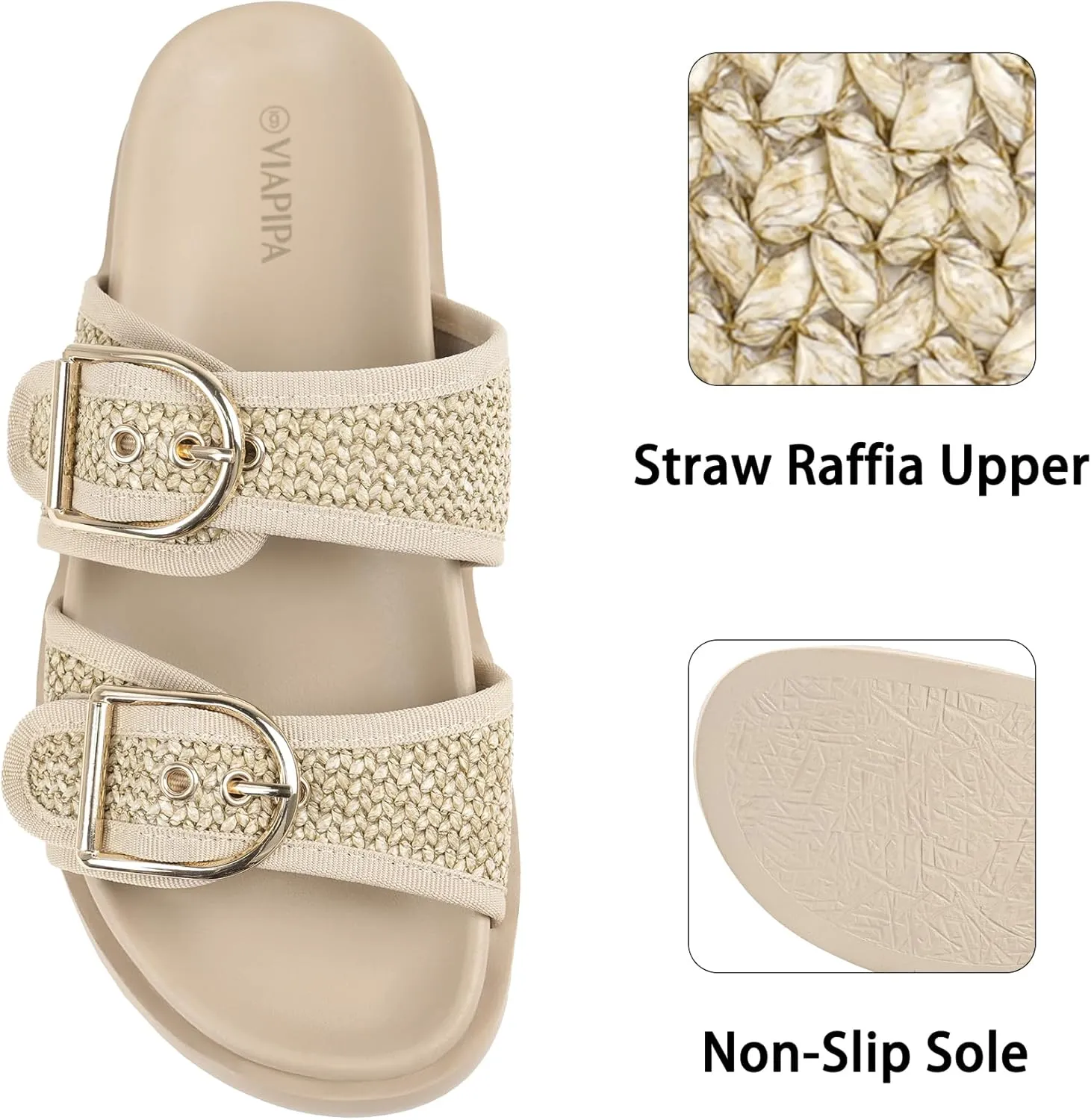 Women's Raffia Platform Sandals Chunky Woven Slides with Adjustable Double Buckle, Comfortable Flatform summer shoes