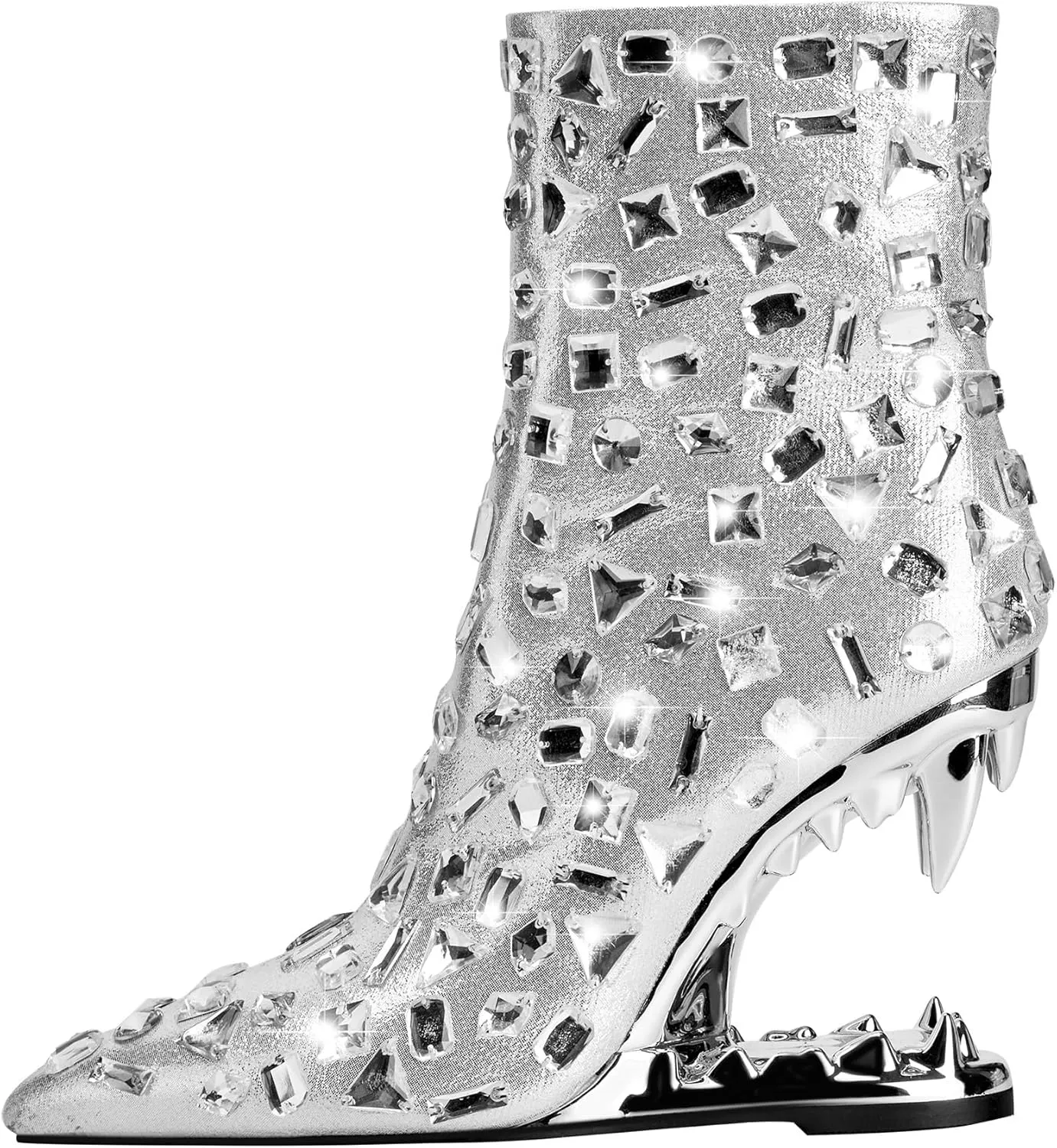 Women's Rhinestone Pointed Toe Tiger Tooth Side Zipper Comfortable Fashion Ankle Boots