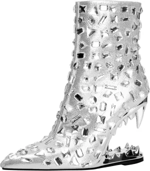 Women's Rhinestone Pointed Toe Tiger Tooth Side Zipper Comfortable Fashion Ankle Boots