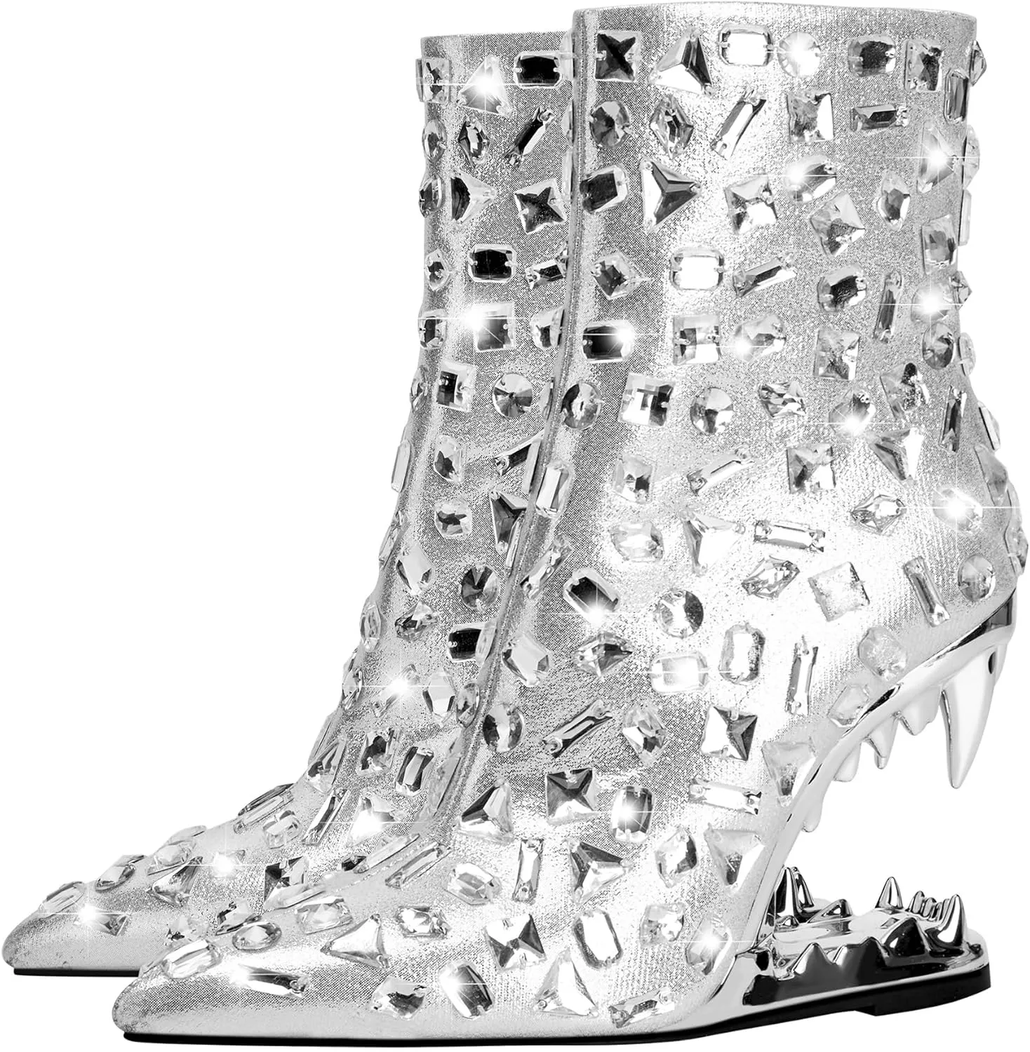 Women's Rhinestone Pointed Toe Tiger Tooth Side Zipper Comfortable Fashion Ankle Boots