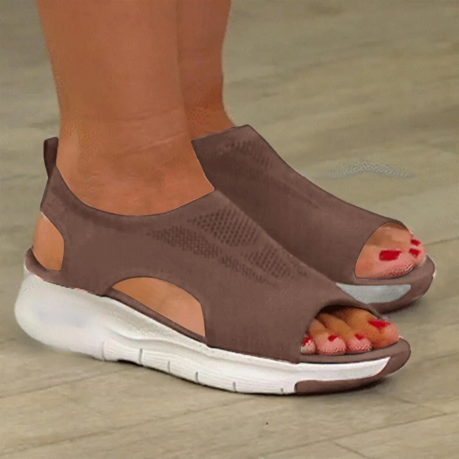 Womens Sandals Fish Mouth Mesh Breathable Comfortable Walking Arch Support Elastic Ankle Strap Platform Sandals