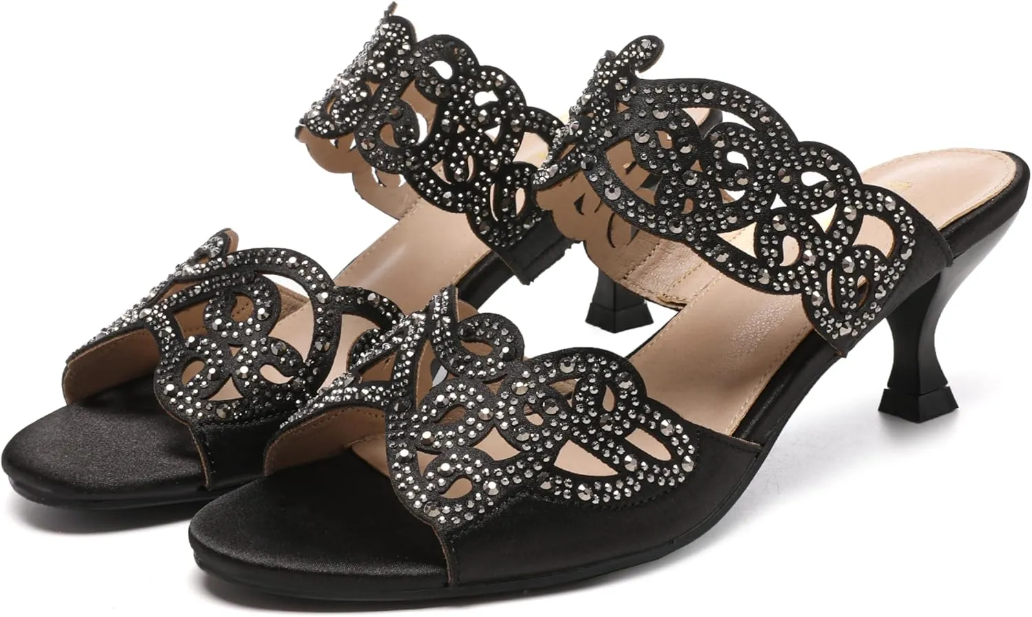 Womens Sparkly Kitten Heel Sandals,Ladies Summer Rhinestones Glitter Wedding Evening Slides Double Strap Dressy Casual Bling Low Heel Slip on Party Trendy Fancy Memory Foam Comfortable Shoe