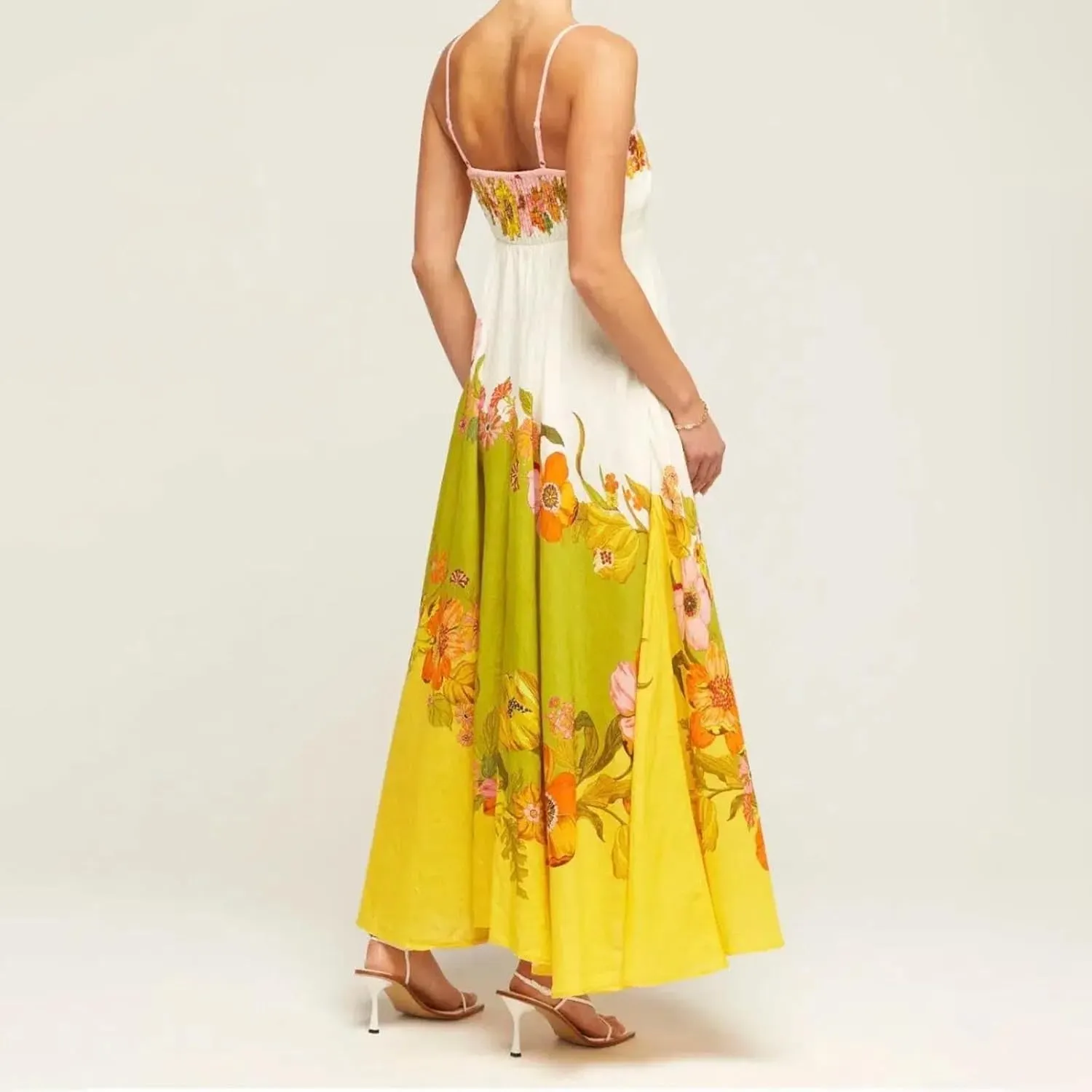 Womens Summer Dress Spaghetti Strap Sleeveless Boho Floral Sundress V Neck Causal Flowy Midi Dress with Pockets