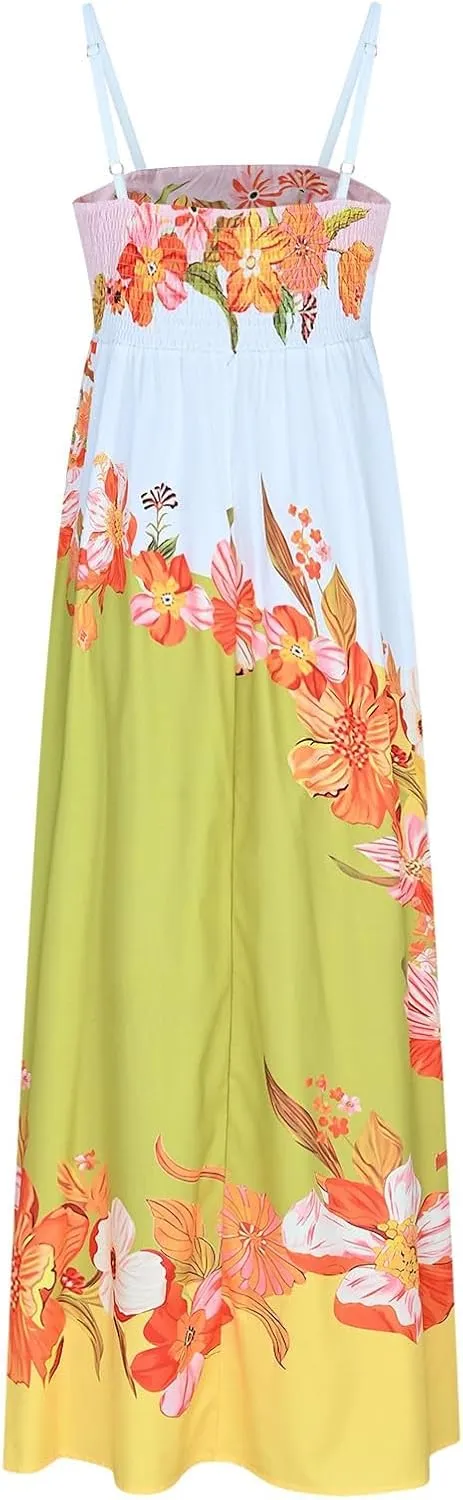 Womens Summer Dress Spaghetti Strap Sleeveless Boho Floral Sundress V Neck Causal Flowy Midi Dress with Pockets