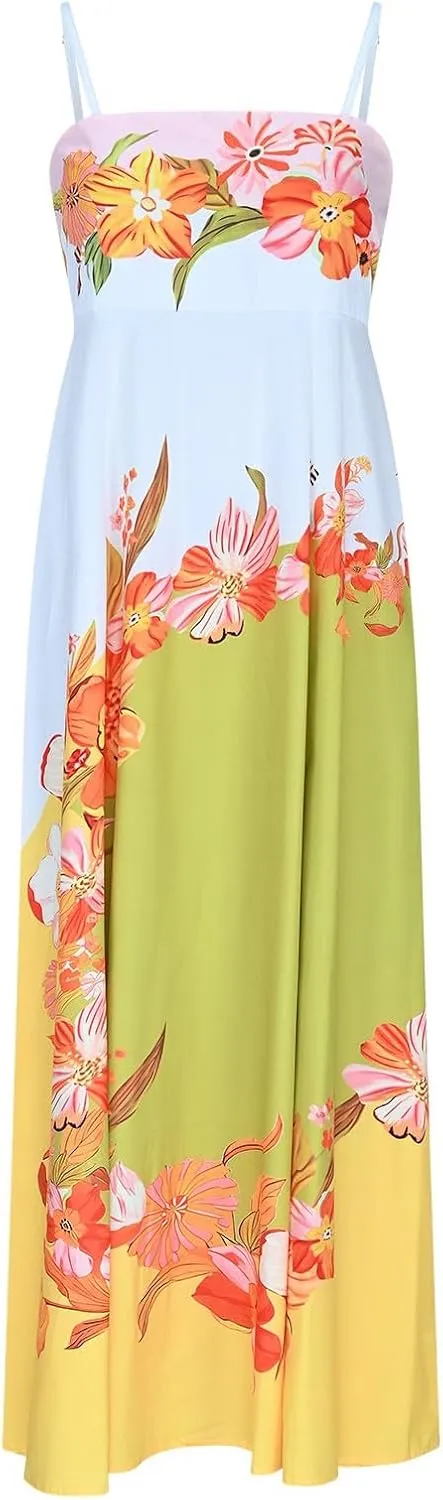 Womens Summer Dress Spaghetti Strap Sleeveless Boho Floral Sundress V Neck Causal Flowy Midi Dress with Pockets