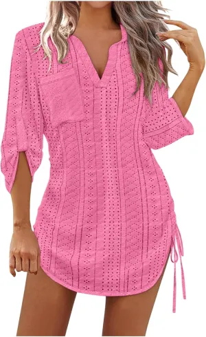Womens Summer Long Sleeve Dresses V Neck Casual Solid Eyelet Beach Vacation Swimsuit Coverups Dress with Pocket