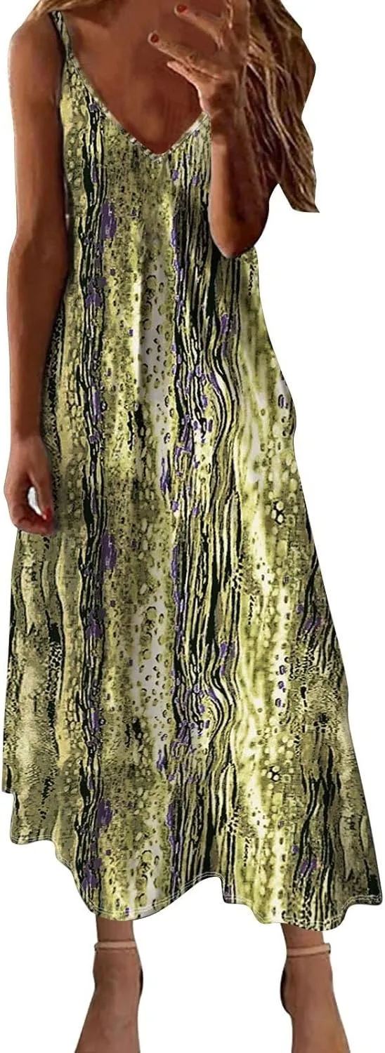 Womens Summer Maxi Dress Casual Boho Floral Spaghetti Strap Beach Coverups Fashion Long Flowy Vacation Sundress