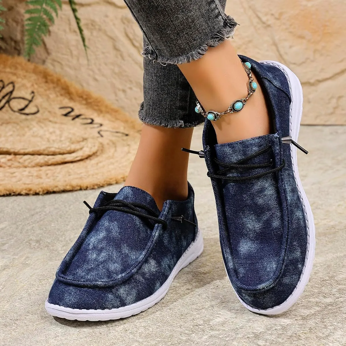 Women's Sunflower Print Canvas Casual Loafers Comfortable Light Weight Slip On Ultralight Sole Wide Boat Shoes Casual Lightweight Black Lace-Up Walking Flat Deck Shoes for Work and Traveling