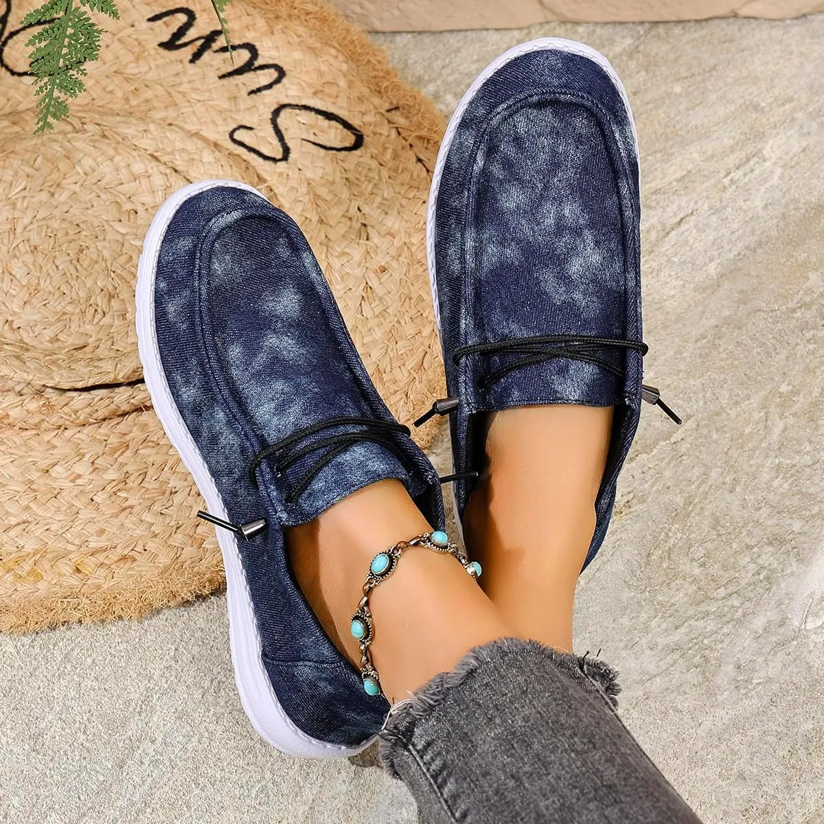 Women's Sunflower Print Canvas Casual Loafers Comfortable Light Weight Slip On Ultralight Sole Wide Boat Shoes Casual Lightweight Black Lace-Up Walking Flat Deck Shoes for Work and Traveling