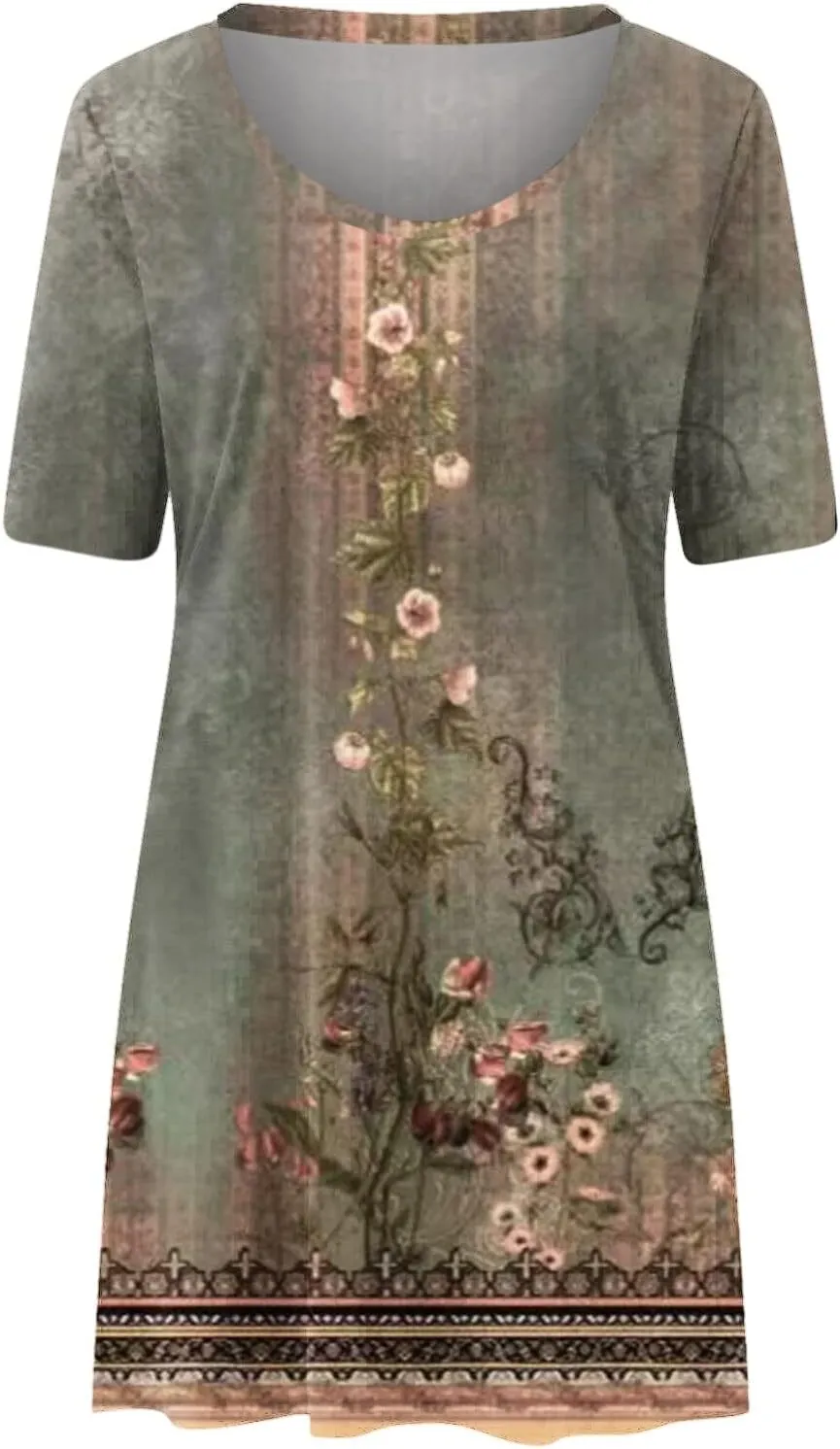 Women's Vintage Printed Boho Dress Round-Neck Short Sleeved Mini Dress Classic Summer Beach Dress Sun Dress