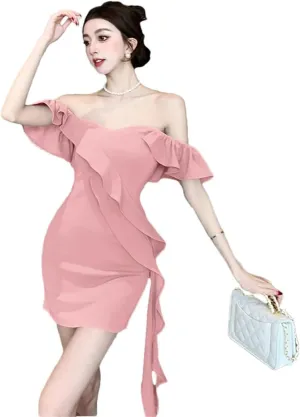Women's Vintage Wind Lotus Leaf Edge Wrapped Hip Short Dress Solid Color Flying Sleeves Hanging Strap Dress