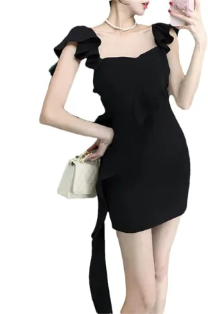 Women's Vintage Wind Lotus Leaf Edge Wrapped Hip Short Dress Solid Color Flying Sleeves Hanging Strap Dress