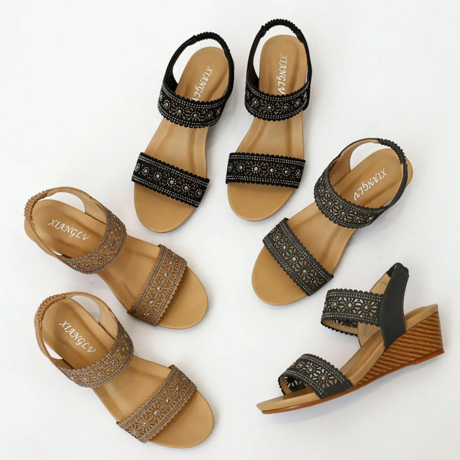 Womens Wedge Sandals Low Heels Open Toe Elastic Ankle Strap Dressy Sandals Summer Casual Comfortable Shoe