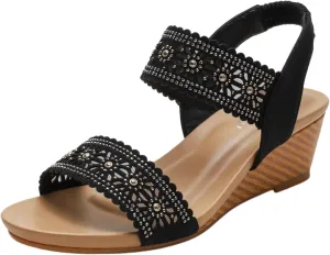 Womens Wedge Sandals Low Heels Open Toe Elastic Ankle Strap Dressy Sandals Summer Casual Comfortable Shoe