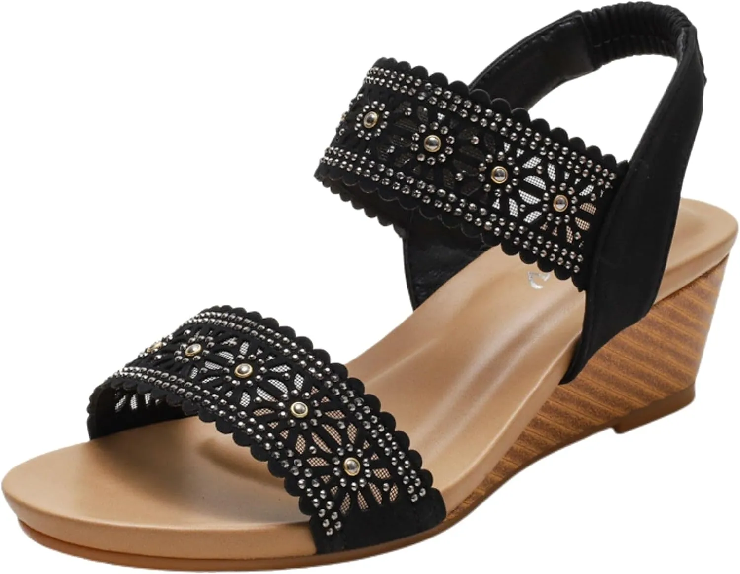 Womens Wedge Sandals Low Heels Open Toe Elastic Ankle Strap Dressy Sandals Summer Casual Comfortable Shoe