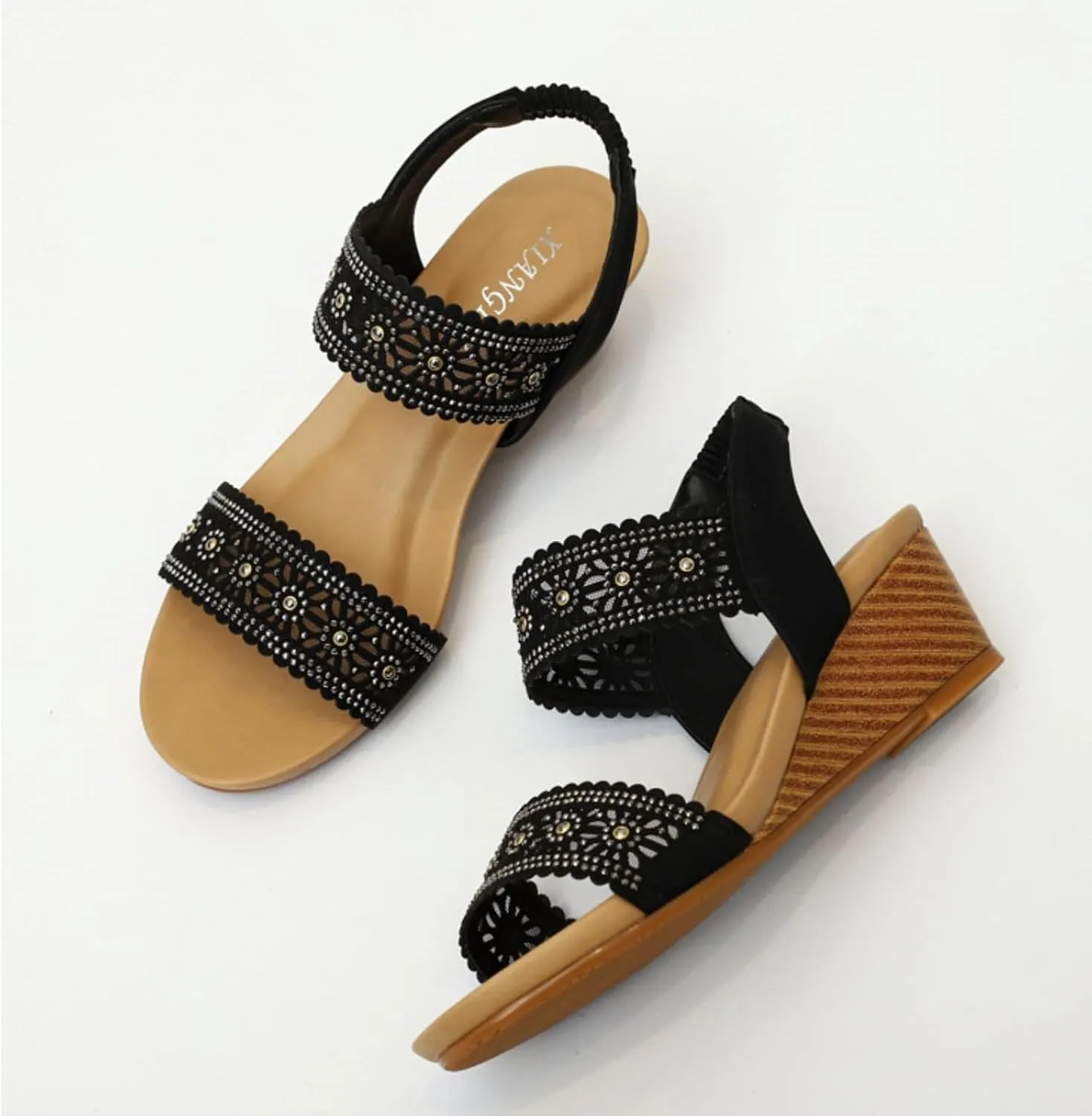 Womens Wedge Sandals Low Heels Open Toe Elastic Ankle Strap Dressy Sandals Summer Casual Comfortable Shoe
