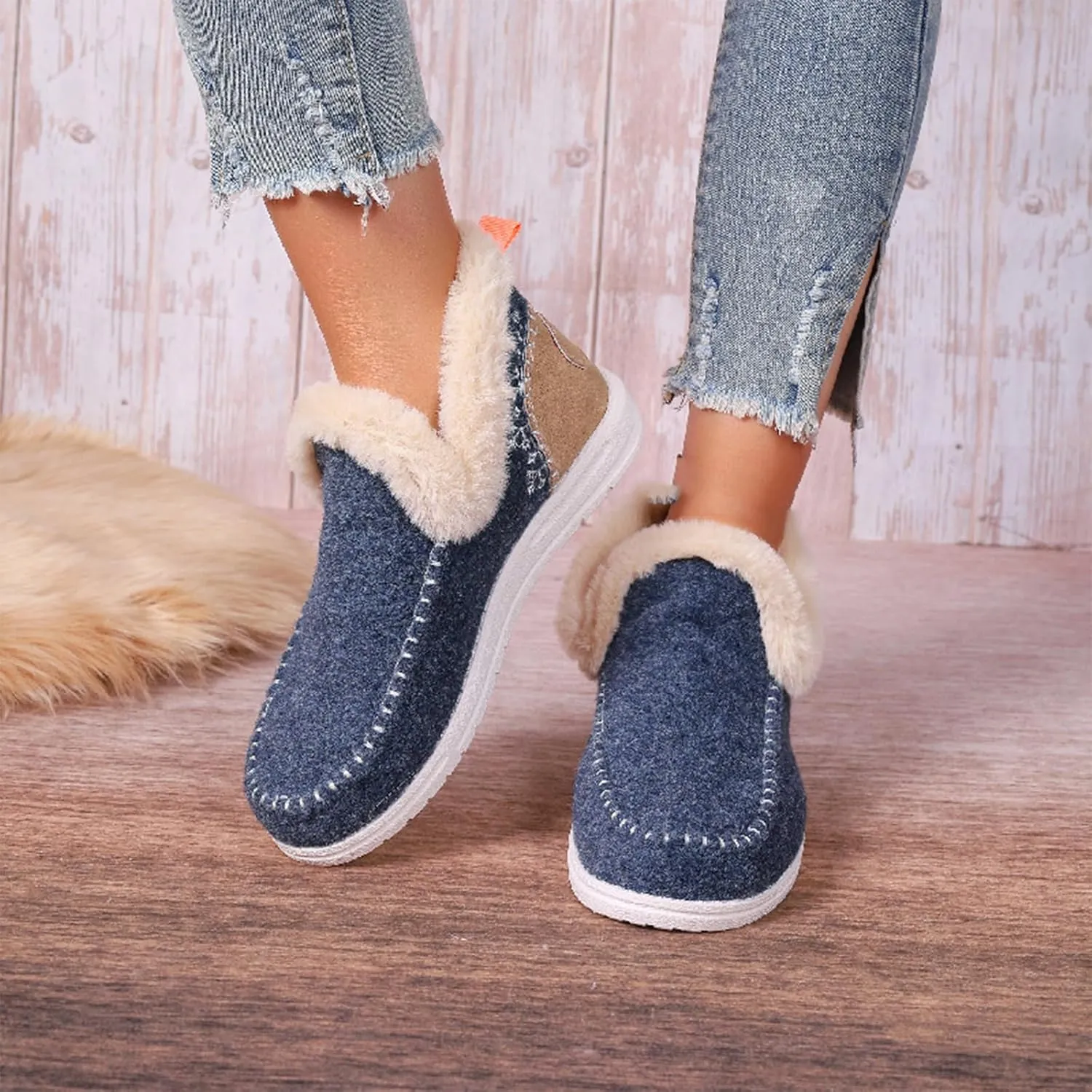 Women's Winter Plush Lined Flat Shoes,Soft Plush Slip-on Sneakers for Cozy Feet,Faux Fur Lining Anti-Slip Ankle Boots