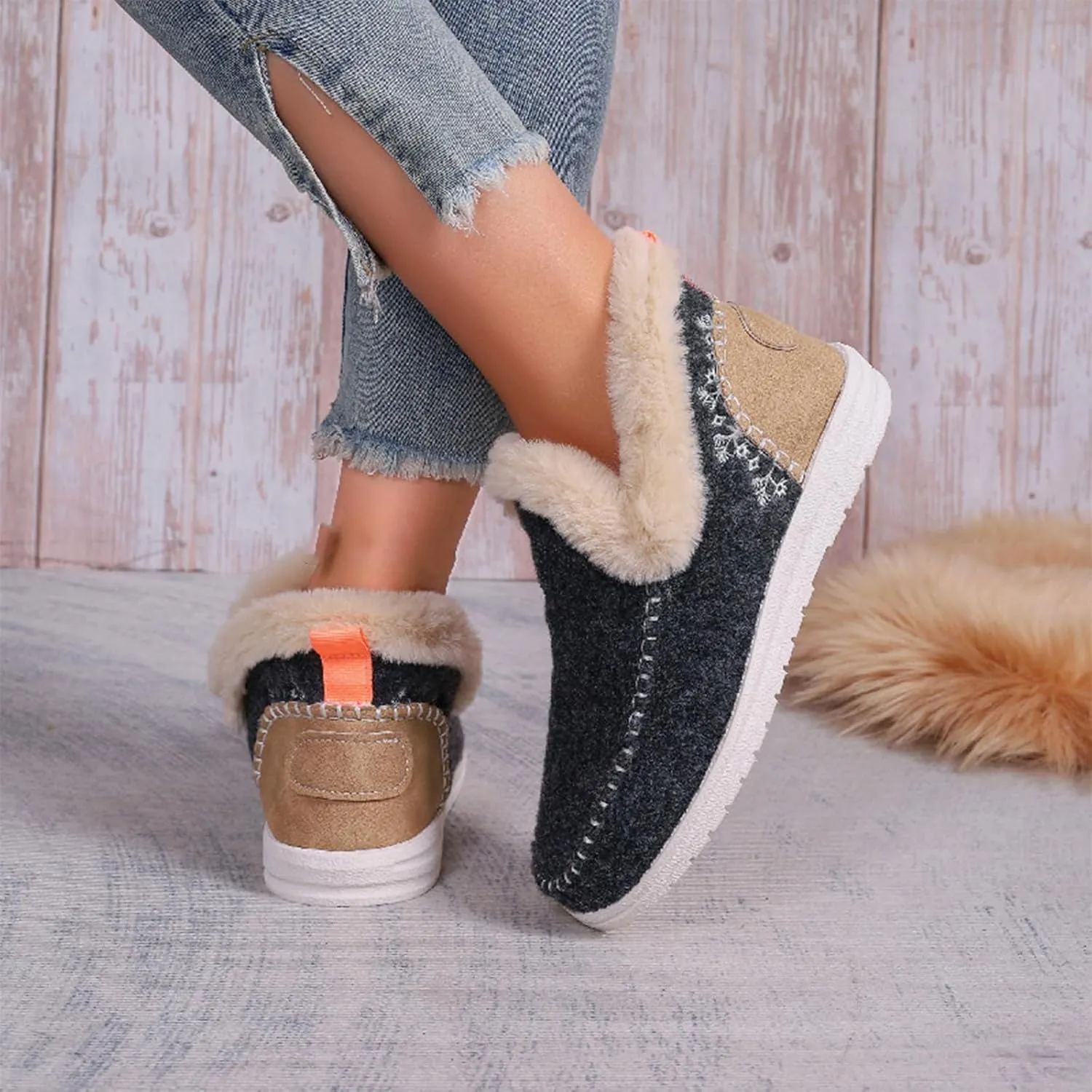 Women's Winter Plush Lined Flat Shoes,Soft Plush Slip-on Sneakers for Cozy Feet,Faux Fur Lining Anti-Slip Ankle Boots