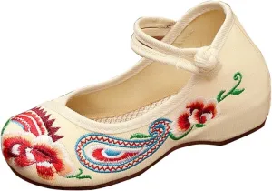 YIBLBOX Girls Chinese Traditional Flower Embroidered Oxfords Shoes Dancing Ballet Canvas Loafers Mary Jane
