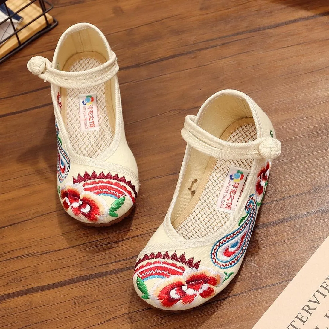 YIBLBOX Girls Chinese Traditional Flower Embroidered Oxfords Shoes Dancing Ballet Canvas Loafers Mary Jane