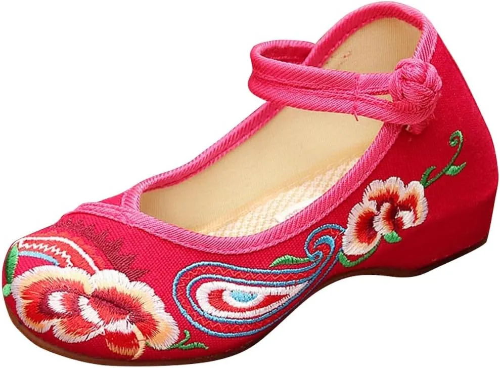 YIBLBOX Girls Chinese Traditional Flower Embroidered Oxfords Shoes Dancing Ballet Canvas Loafers Mary Jane