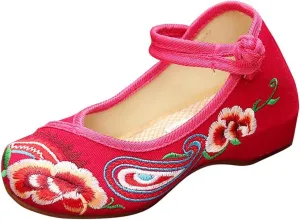 YIBLBOX Girls Chinese Traditional Flower Embroidered Oxfords Shoes Dancing Ballet Canvas Loafers Mary Jane