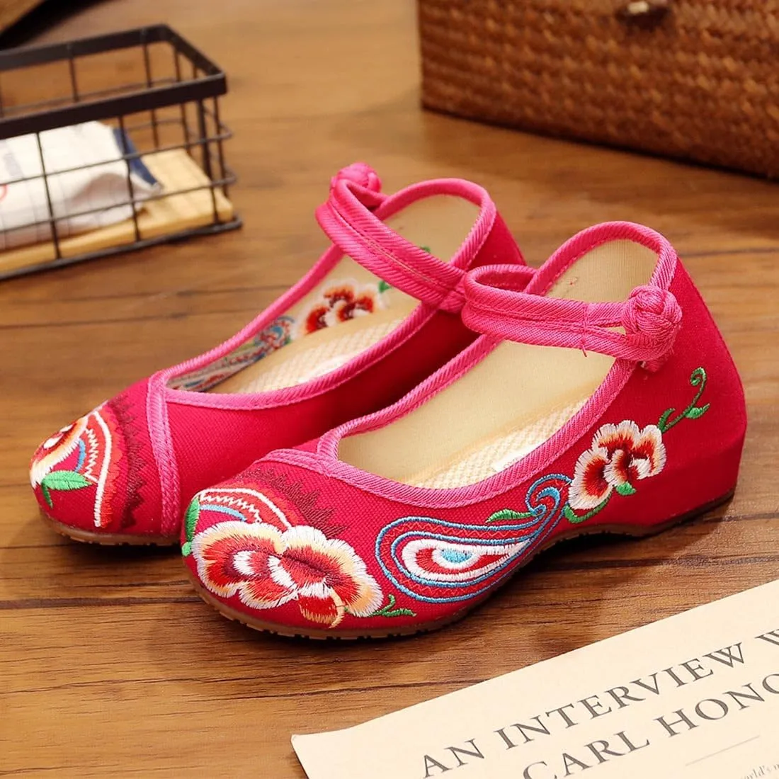 YIBLBOX Girls Chinese Traditional Flower Embroidered Oxfords Shoes Dancing Ballet Canvas Loafers Mary Jane