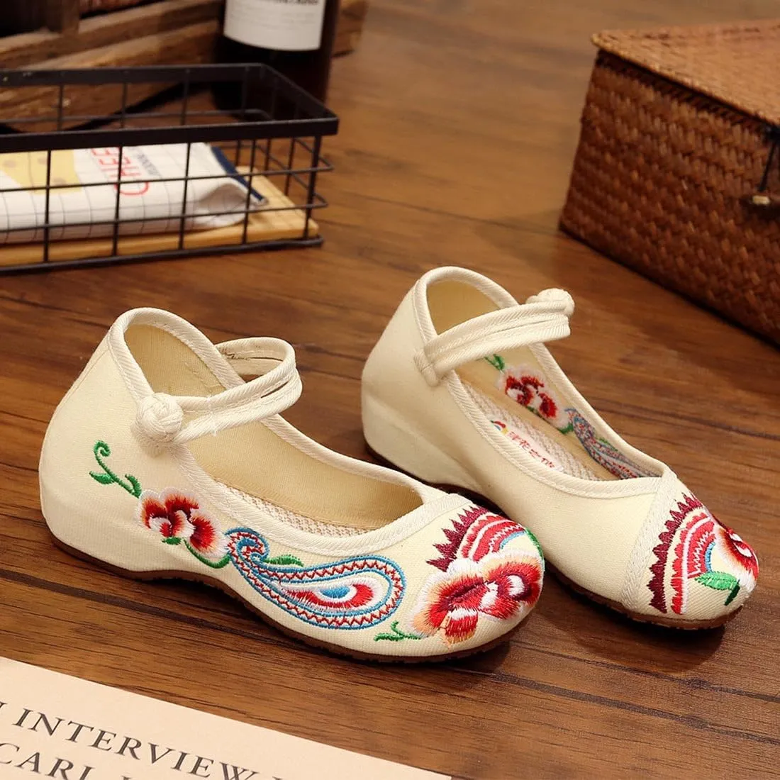 YIBLBOX Girls Chinese Traditional Flower Embroidered Oxfords Shoes Dancing Ballet Canvas Loafers Mary Jane