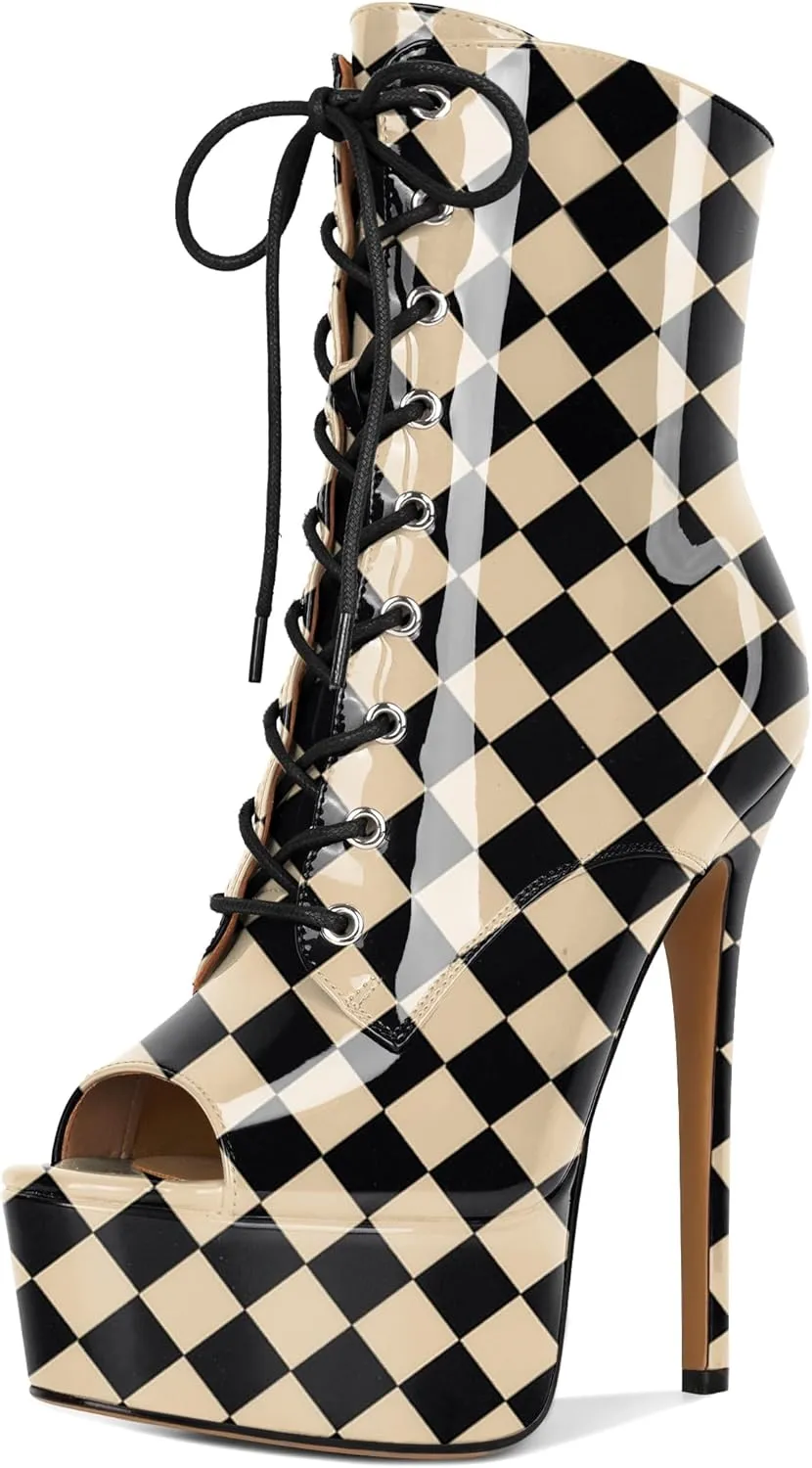 YODEKS Women Ankle Boots Platform Stiletto Heel Boots Peep Toe Booties Side Zipper 6'' Sexy Boots For Club Dance Size 6-12