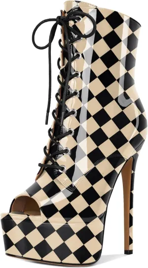 YODEKS Women Ankle Boots Platform Stiletto Heel Boots Peep Toe Booties Side Zipper 6'' Sexy Boots For Club Dance Size 6-12