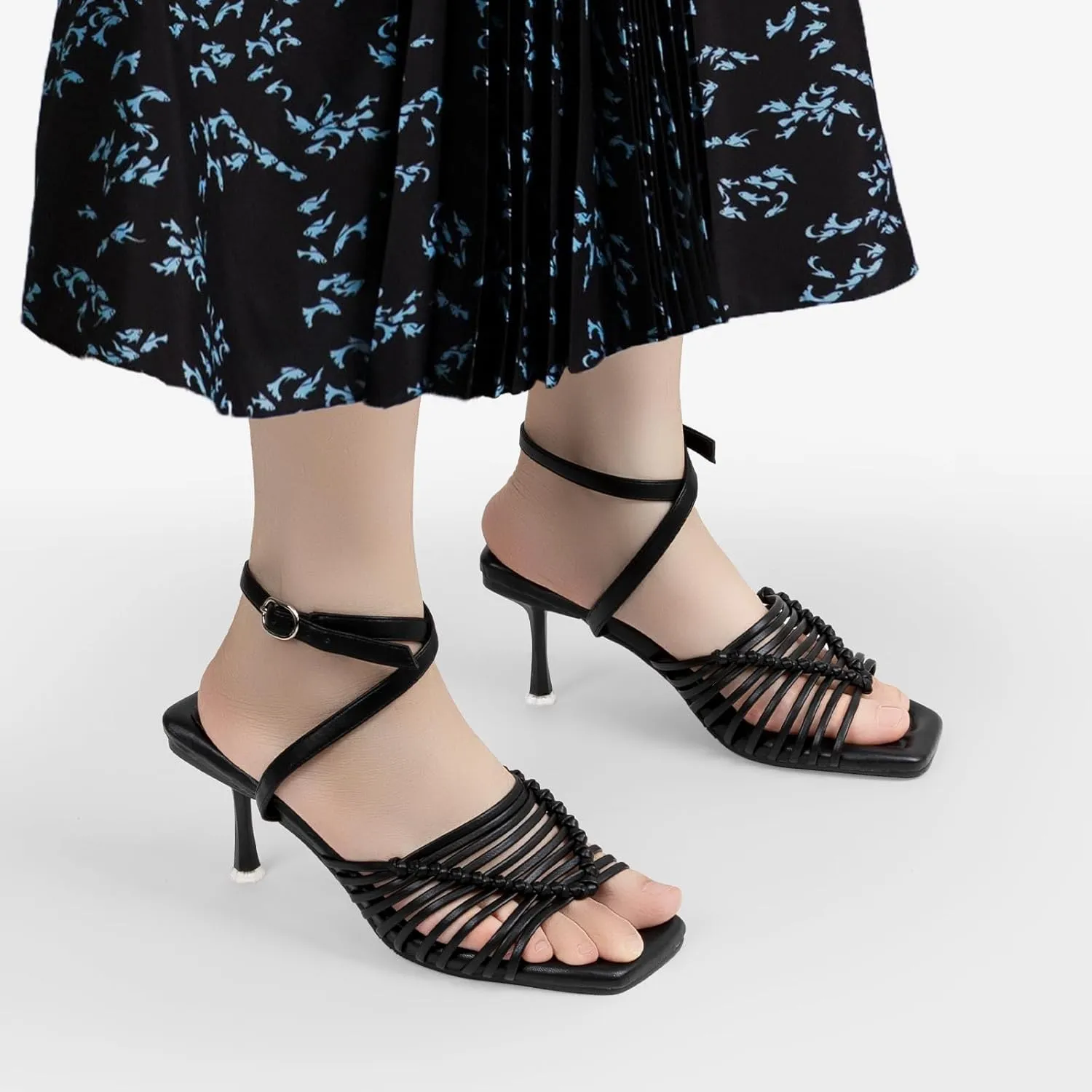 Zelaprox Women's Kitten Heels Square Open Toe Ankle Adjustable Strap Sandals Strappy High Heel Lace Up Sexy Fashion Comfortable Cushioned Shoes Dress Party Wedding Pumps
