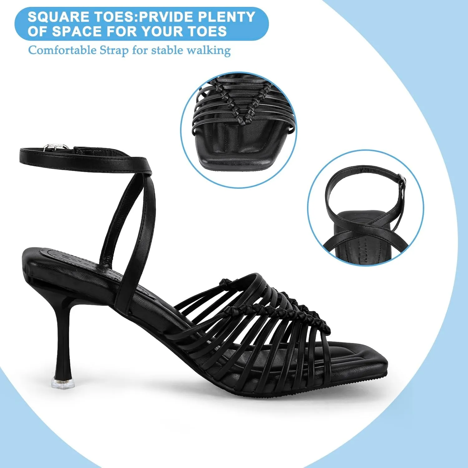 Zelaprox Women's Kitten Heels Square Open Toe Ankle Adjustable Strap Sandals Strappy High Heel Lace Up Sexy Fashion Comfortable Cushioned Shoes Dress Party Wedding Pumps