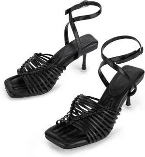 Zelaprox Women's Kitten Heels Square Open Toe Ankle Adjustable Strap Sandals Strappy High Heel Lace Up Sexy Fashion Comfortable Cushioned Shoes Dress Party Wedding Pumps
