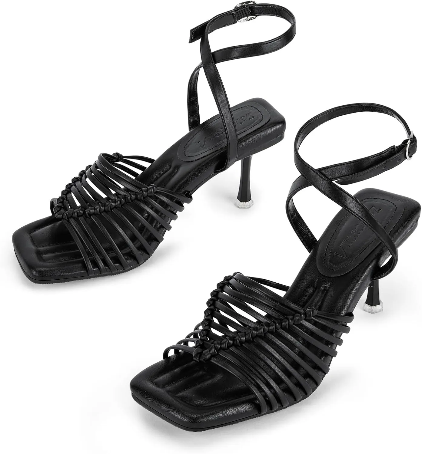 Zelaprox Women's Kitten Heels Square Open Toe Ankle Adjustable Strap Sandals Strappy High Heel Lace Up Sexy Fashion Comfortable Cushioned Shoes Dress Party Wedding Pumps